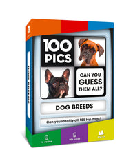 100 PICS Dogs Travel Game slide reveal case shows a dog breed card for on-the-go learning.
