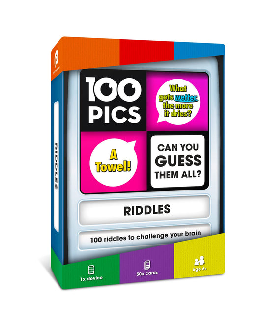 100 PICS Riddles Travel Game cover shows bright visuals for family brain teasers on the go