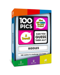 100 PICS Riddles Travel Game cover shows bright visuals for family brain teasers on the go