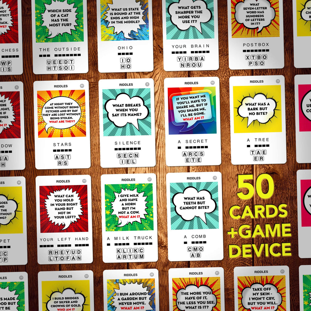 Question card in hand from 100 PICS Riddles Travel Game ready for a guess