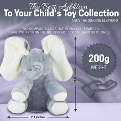 Moving ears reveal-and-hide feature enhances play with Andy the Elephant