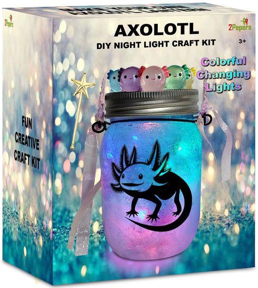 2Pepers axolotl lantern jar kit with colorful LED lights for magical room decor.