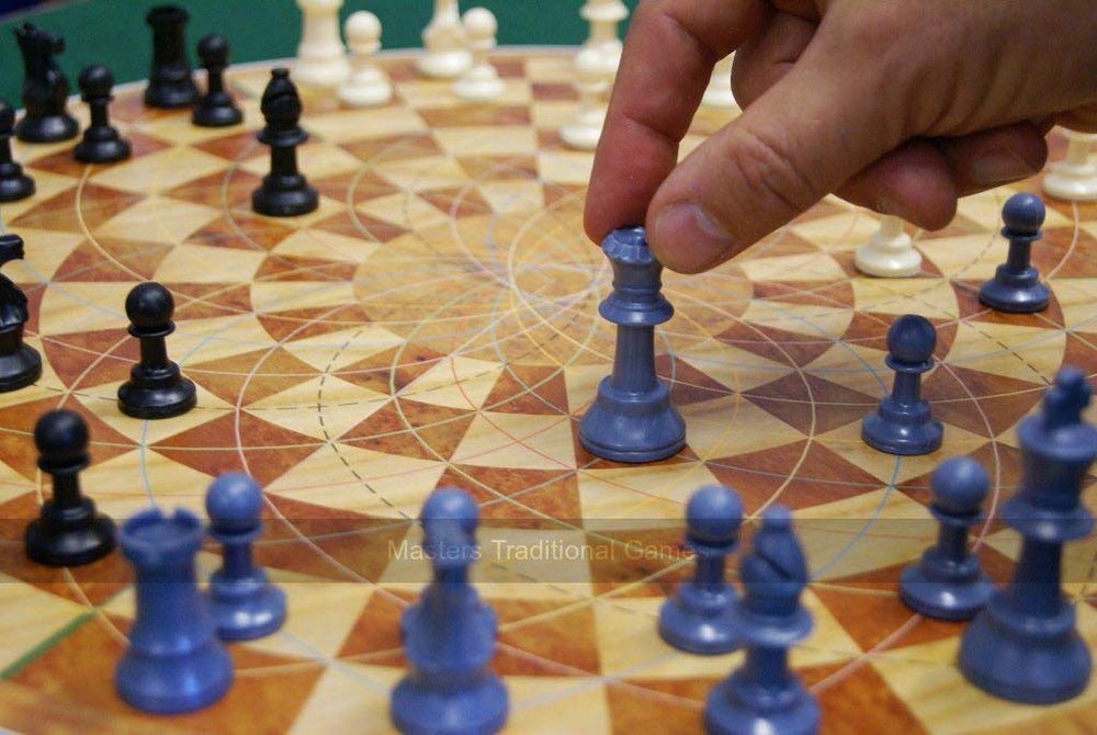 3 Man Chess retail packaging includes board, pieces, rule sheet