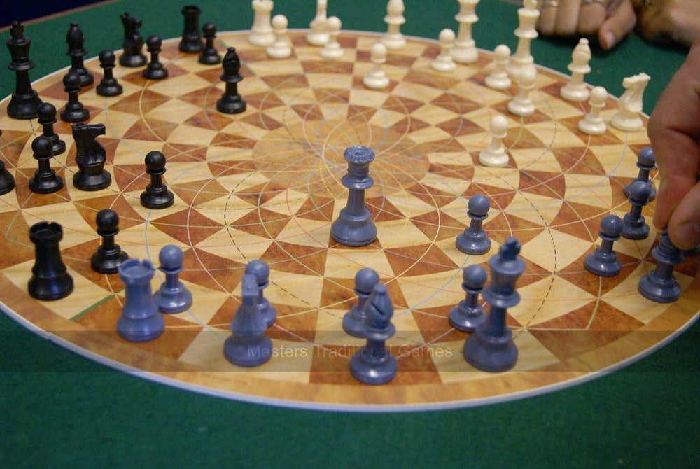 3 Man Chess unfolded round board ready for portable play