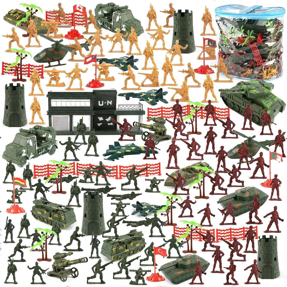 3 Otters army set, open battle bag with figures and vehicles for imaginative play.