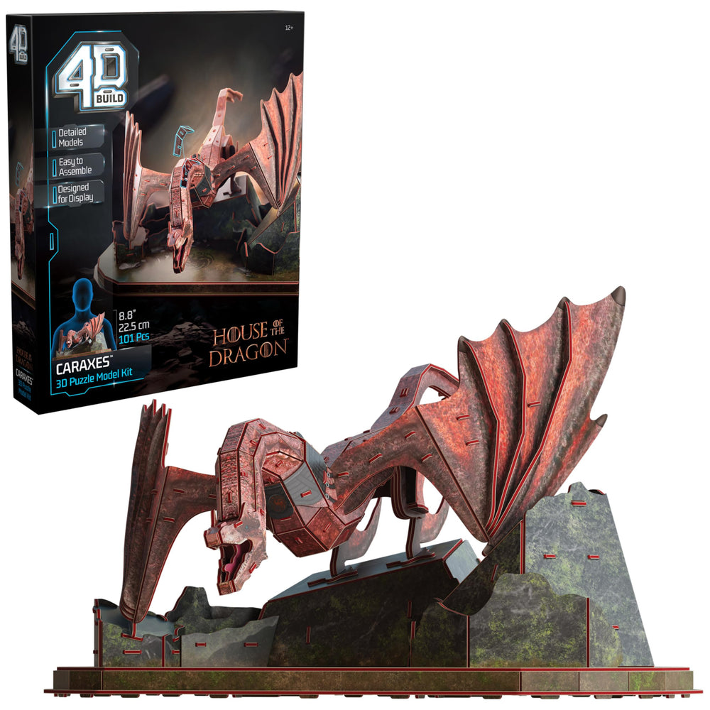 4D Build Caraxes dragon model on a stand for show-worthy shelf display