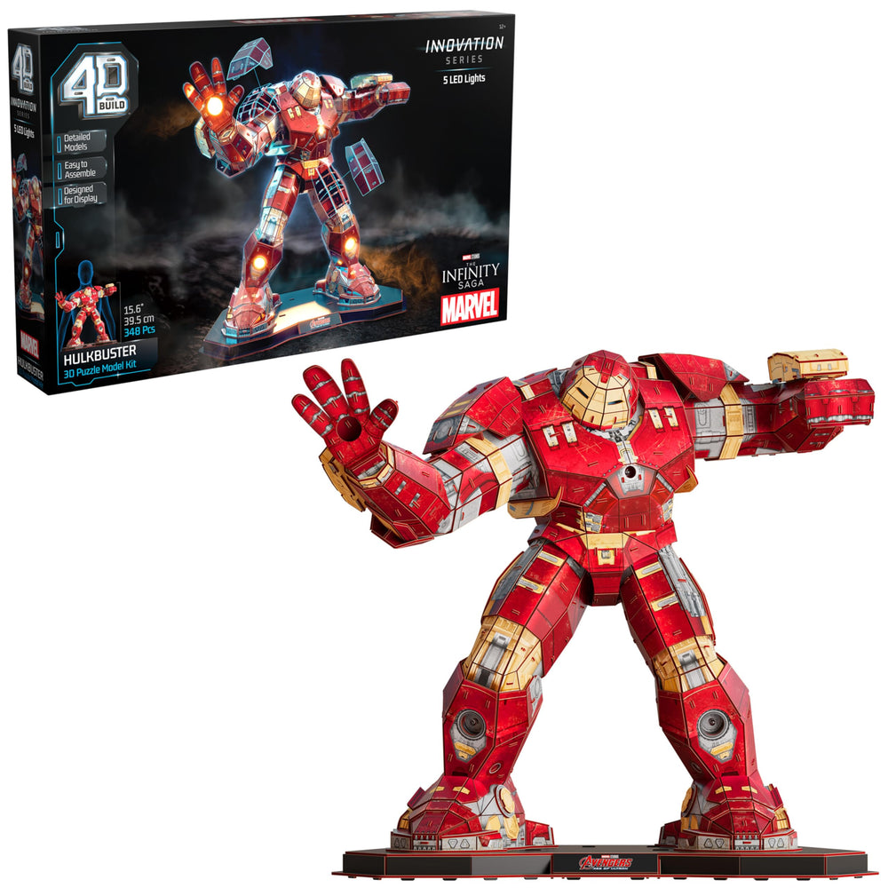 4D Build Hulkbuster 3D model kit ready for display on a shelf