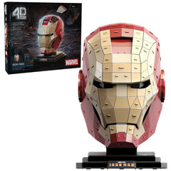 4D Build Iron Man helmet puzzle on stand for display decor.