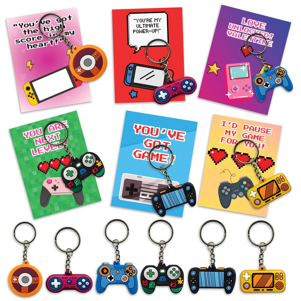 4E's Novelty 30-pack video game valentines cards for classroom exchanges with bright designs.