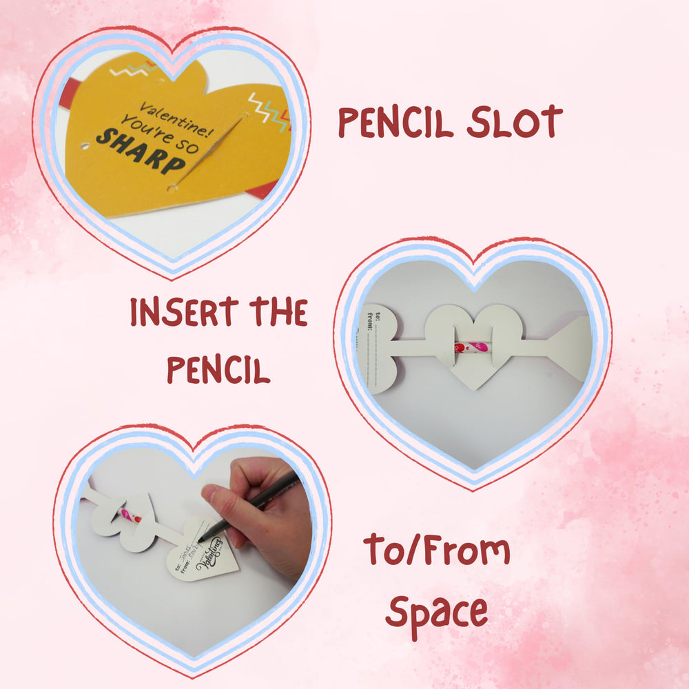 Close-up of durable 4E's Novelty valentines pencils with top erasers.