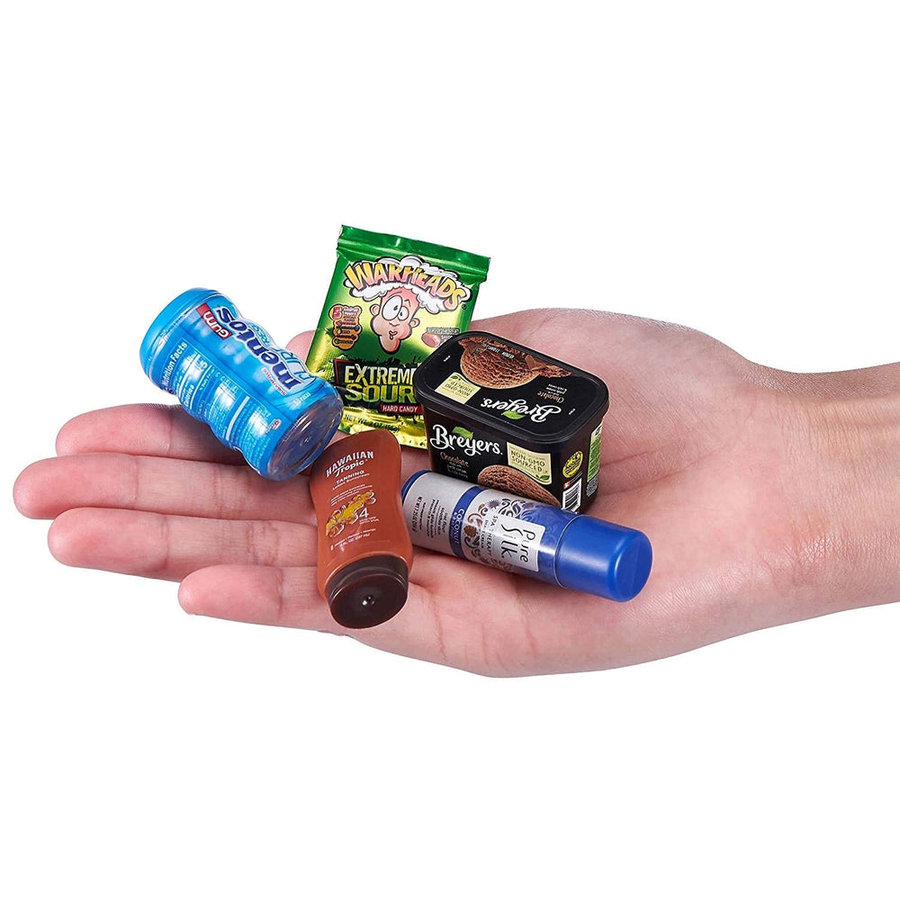 5 Surprise Mini Brands capsules show 4 mini brand toys and 1 shopping accessory.