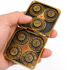 7-in-1 dice spinner compact disc shows all dice for travel-friendly gaming.