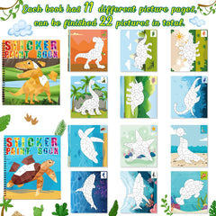 Open view of 90shine dinosaur-underwater sticker book showing numbered spaces for stickers.