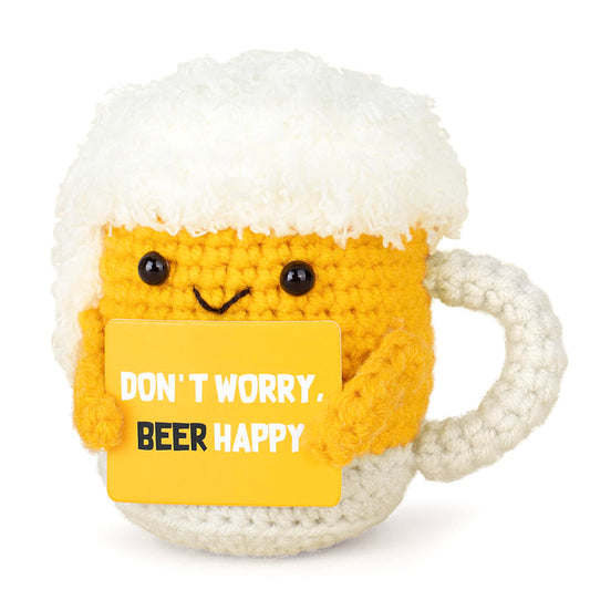 A AIFAMY positive beer crochet doll offers mood-boosting charm for desks