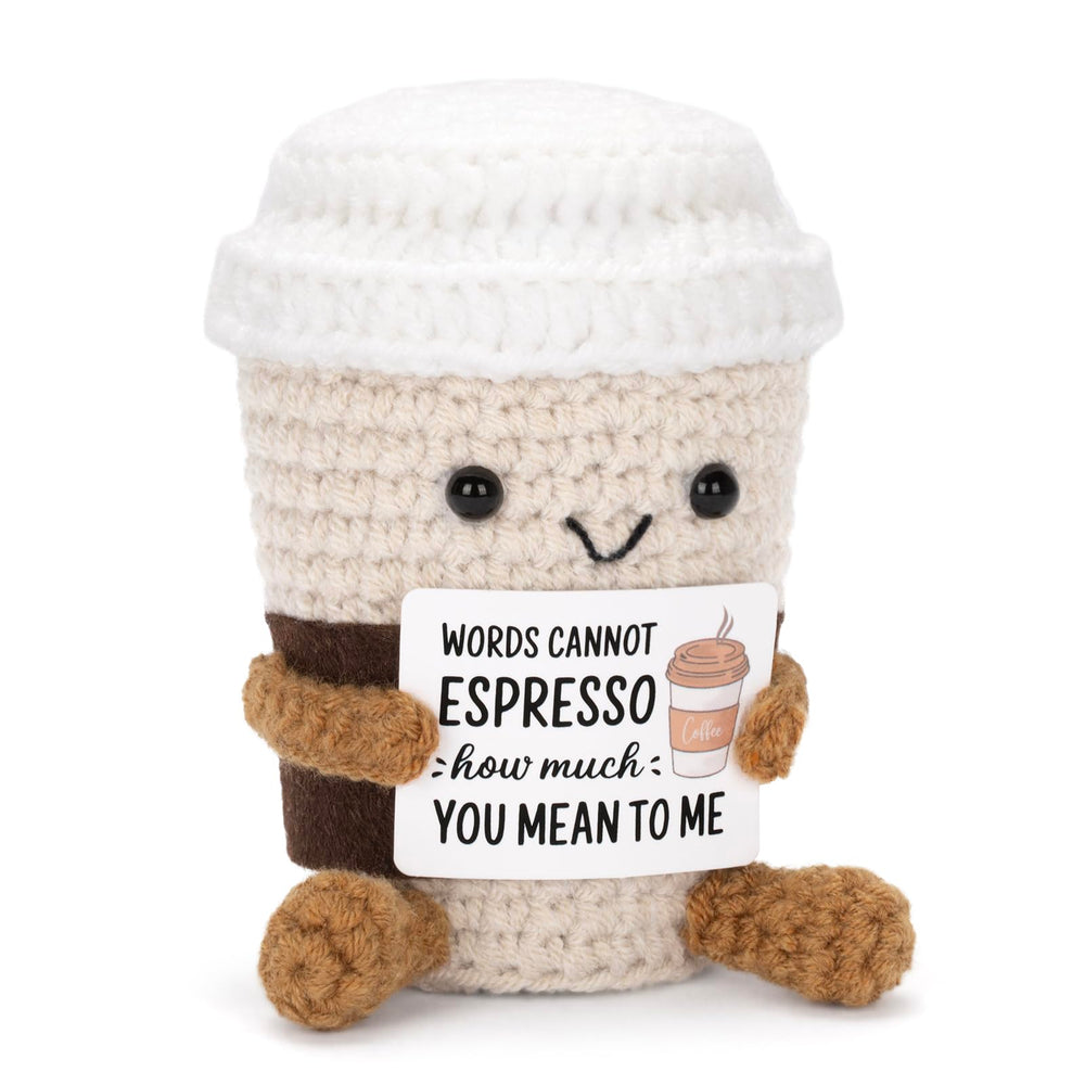 A AIFAMY Positive Coffee crochet doll hug shot showing soft texture for gifting