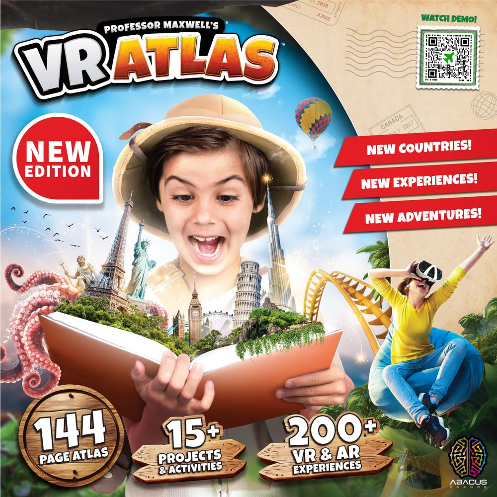 Abacus Brands Professor Maxwell's VR Atlas kit contents with 3D puzzles.