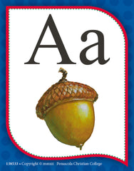 Abeka Mini Alphabet Flashcards short vowels card highlights a, e, i, o, u.