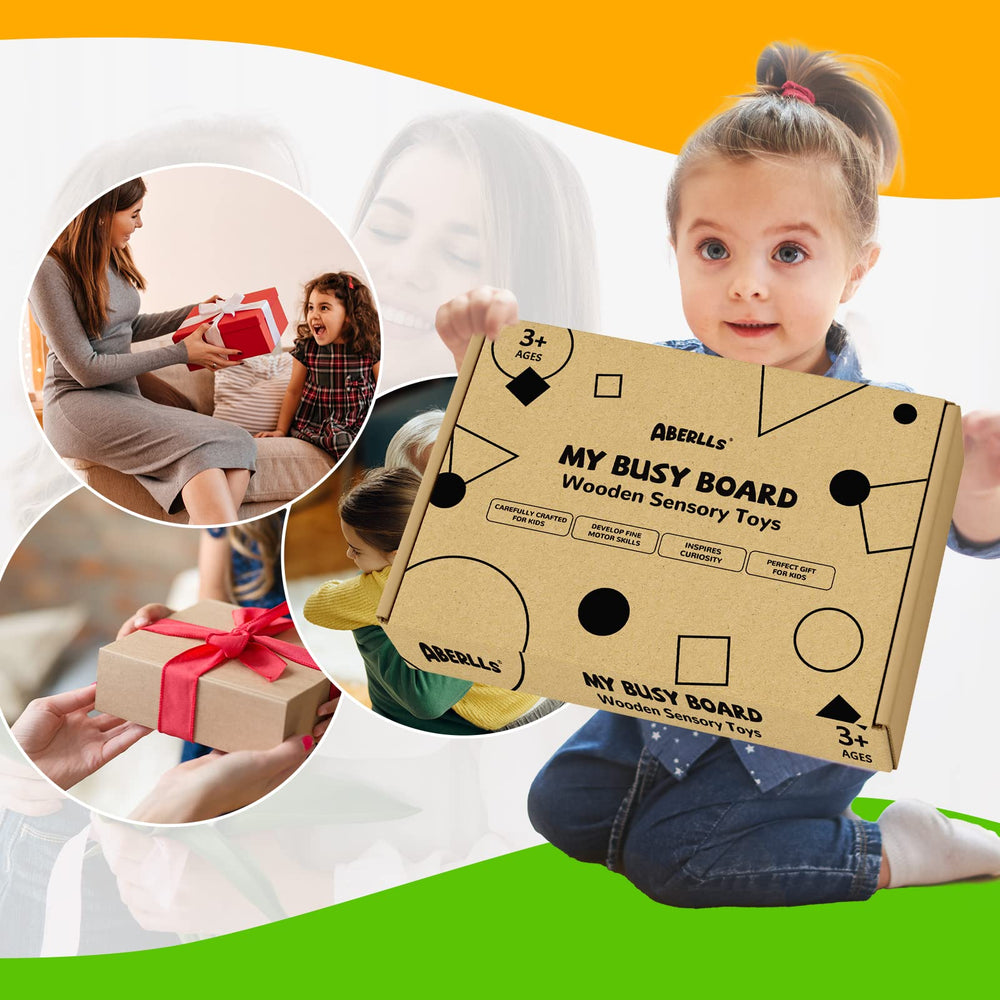 ABERLLS Montessori Busy Board lifestyle gift idea for toddlers' growth.