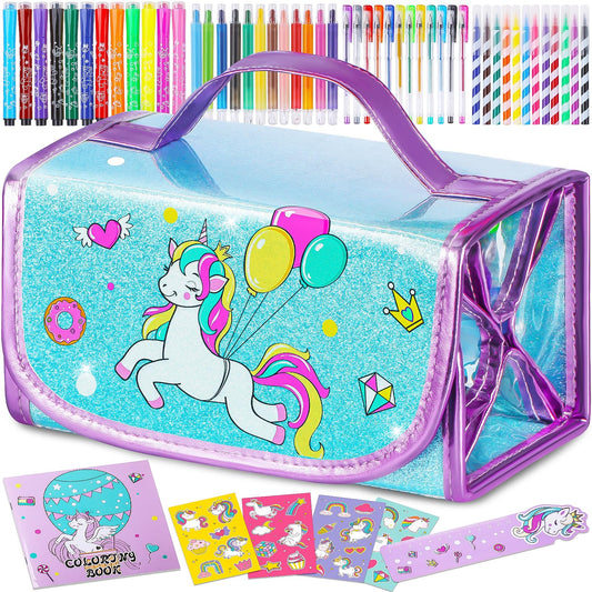 ABERLLS washable unicorn markers set in glitter pouch for mess-free coloring