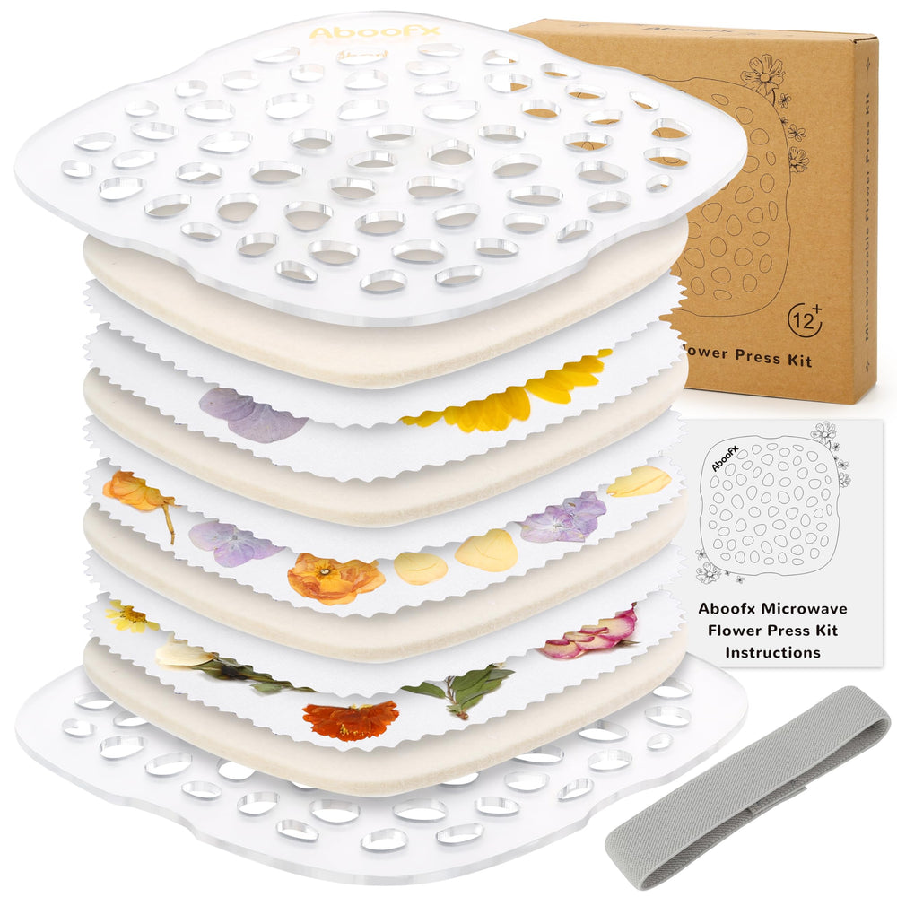 Aboofx microwave flower press setup showing compact 6x6 inch plates for quick DIY art