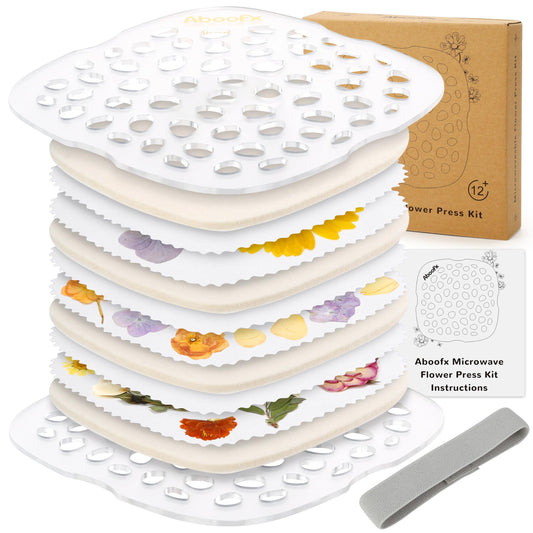 Aboofx microwave flower press setup showing compact 6x6 inch plates for quick DIY art