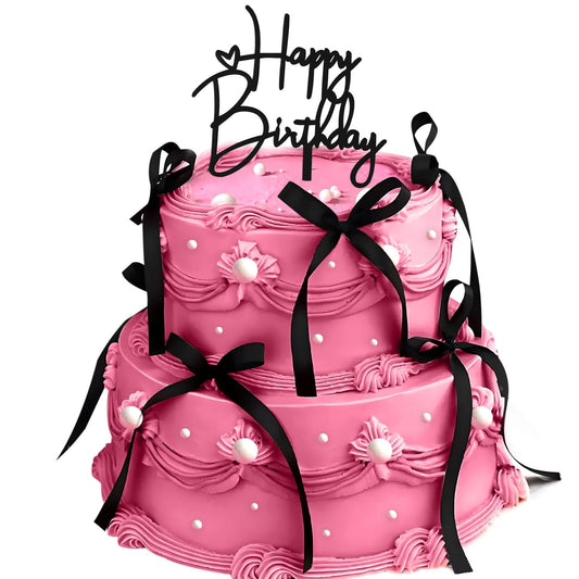 ABRRLO black bow cake topper with Happy Birthday sign adds elegant centerpiece to cake