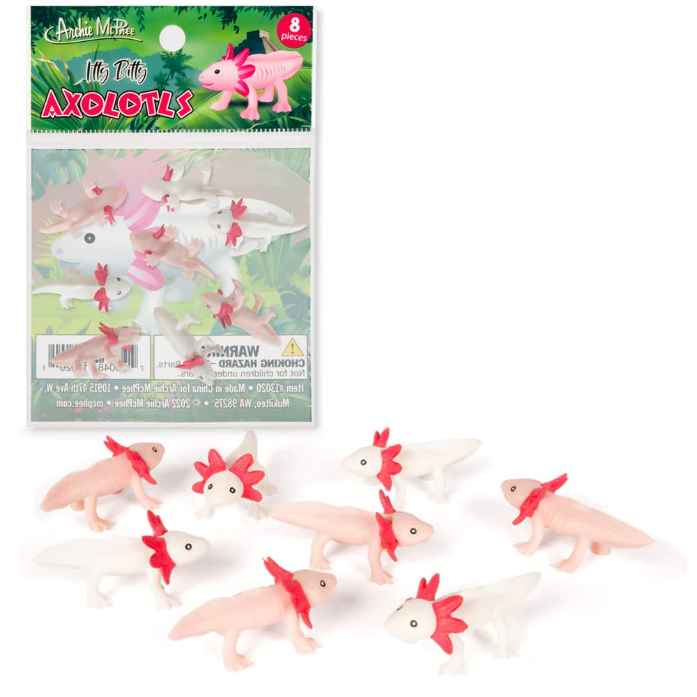 Accoutrements Itty Bitty Axolotls eight-pack in illustrated bag, cheerful desk companions