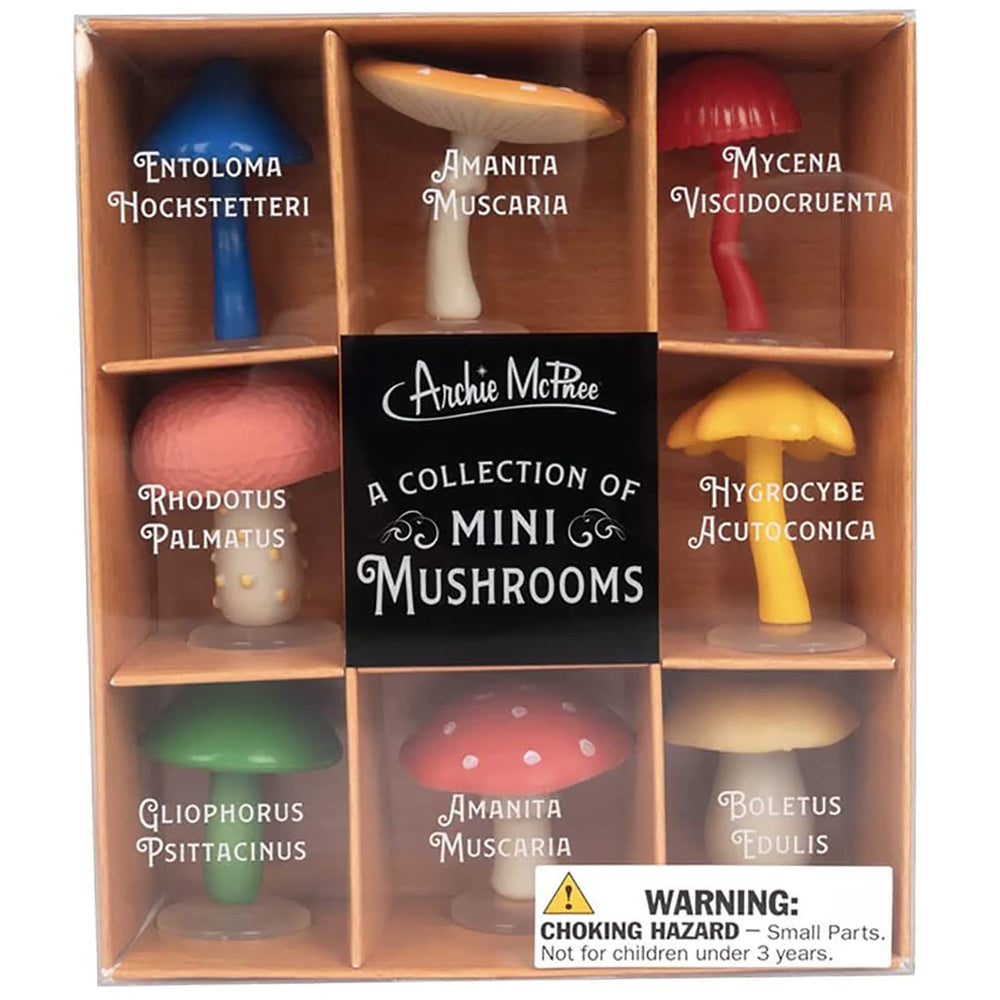 Accoutrements Mcphee mini mushroom on display stand for whimsical shelf display.