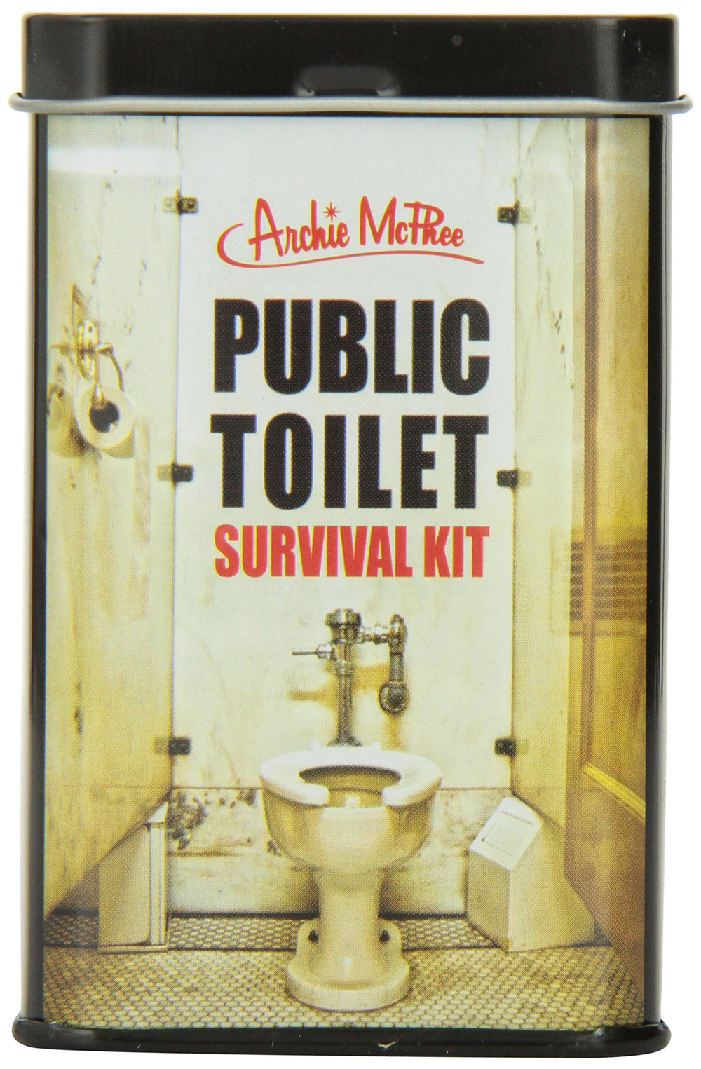Accoutrements Public Toilet Survival Kit in a compact tin for travel-ready hygiene.