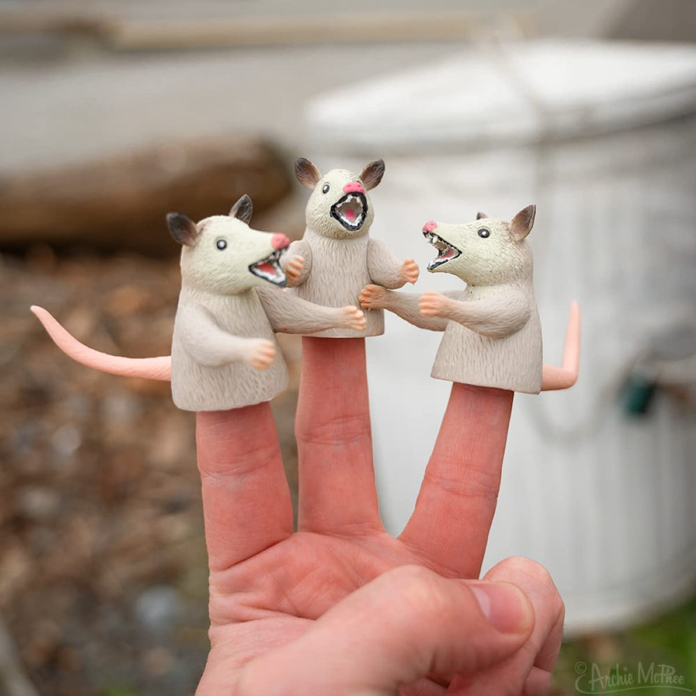Soft vinyl finger possums puppets measure two inches for compact, imaginative puppetry.