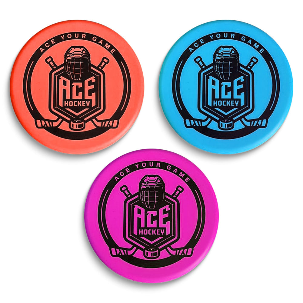 ACE HOCKEY foam pucks blue set, ideal for quiet indoor knee hockey play.