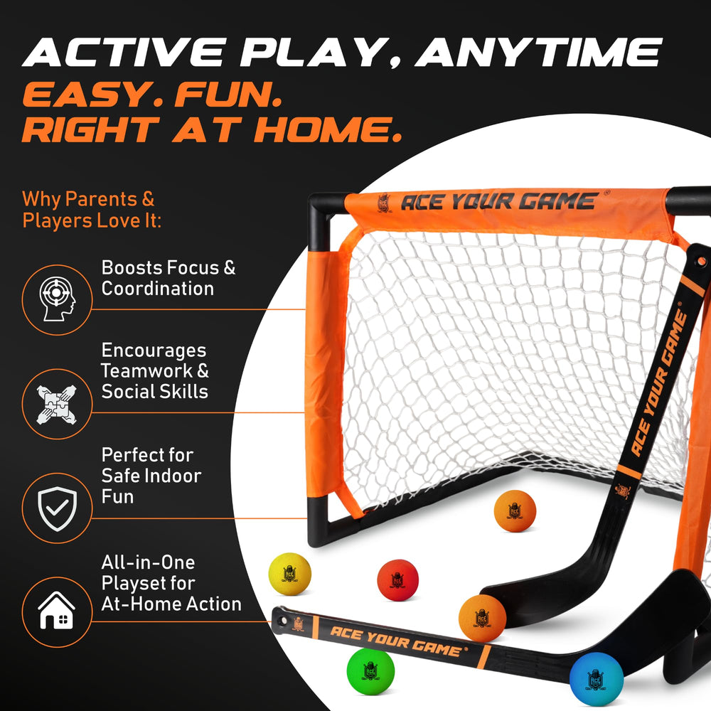 ACE HOCKEY quiet play option with soft foam balls