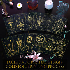 ACELION Tarot cards spread showcasing gold foil details for a premium feel.