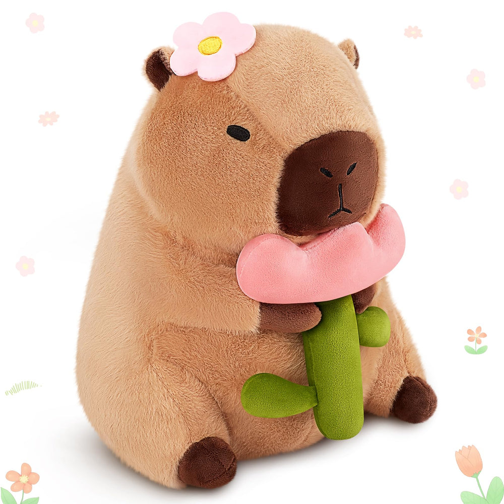 Achwishap Capybara Plush 12-inch with flower, a cute decorative companion.
