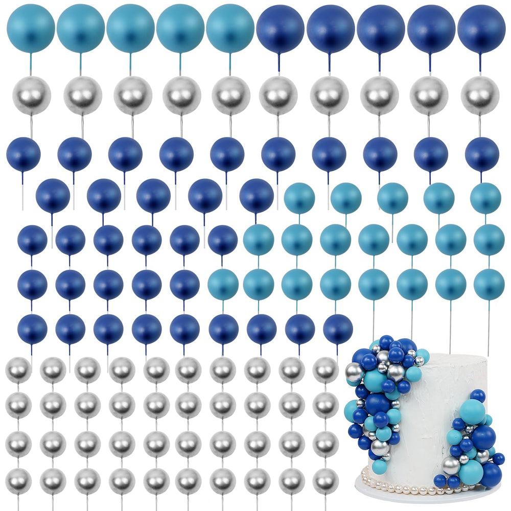 Acmee blue and silver ball cake toppers close-up; reusable festive decoration.