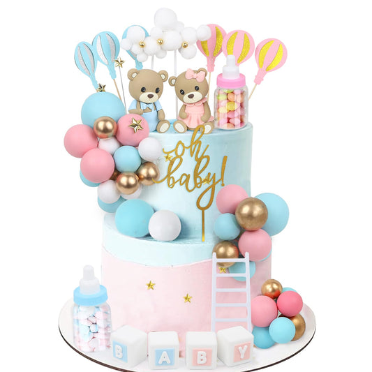 Acmee bear cake toppers set with blue and pink bears for gender reveals.