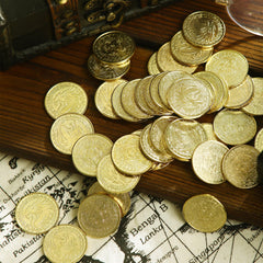 ACTIONDRAKE pirate coins in handmade vintage wooden box for retro storage.