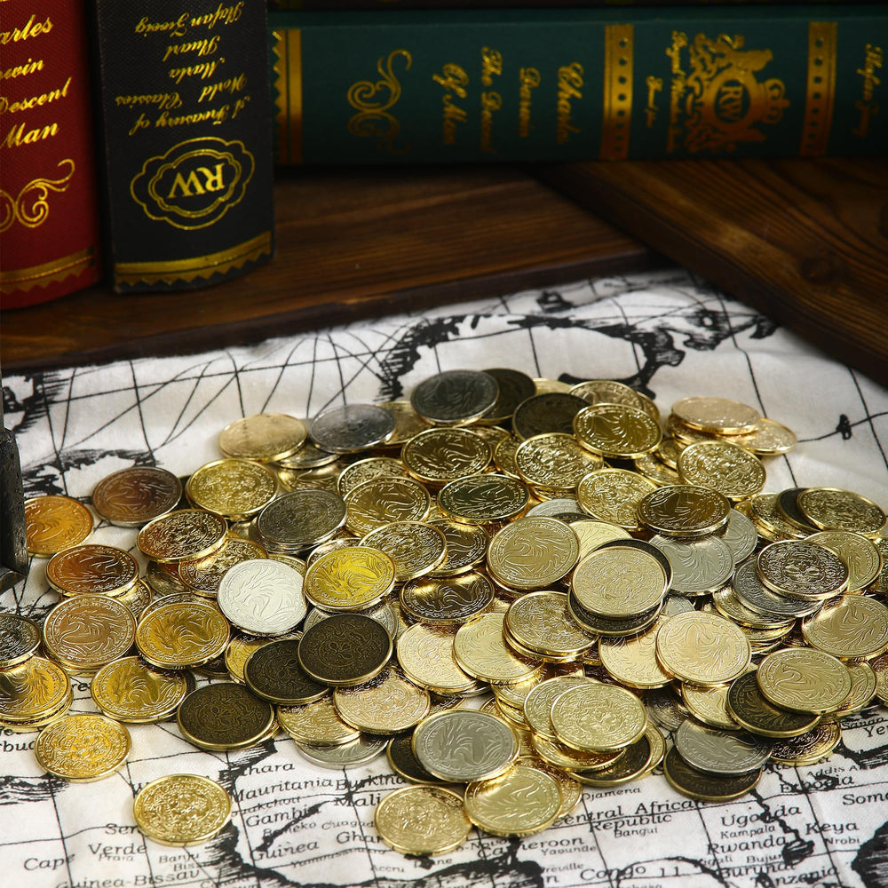 ActionDrake vintage pirate treasure box shown with coins for storage.