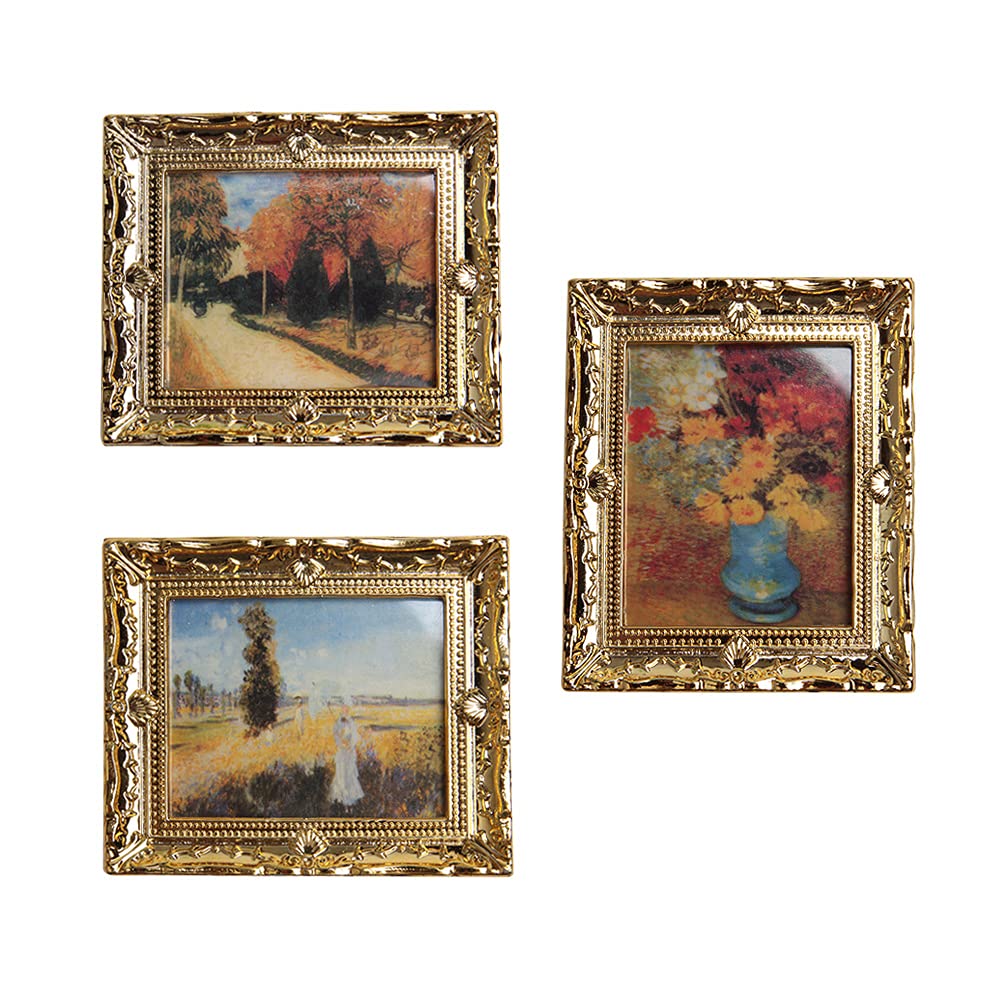 Acxico 3-pack 1:12 miniature gold frame wall art for dollhouse display.