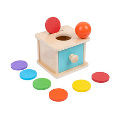 Adena Montessori coin box with blue door and disk sorter supports early color and shape recognition.