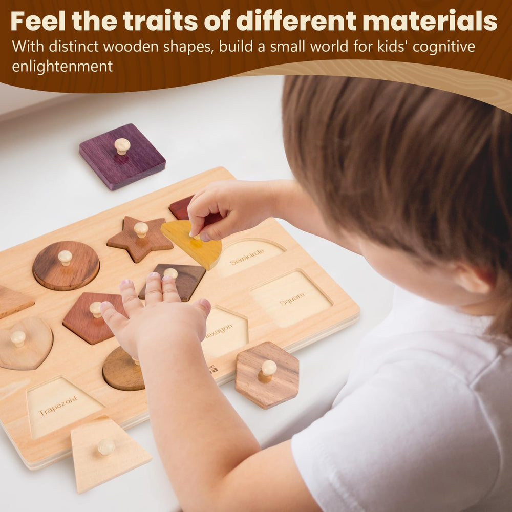 Adena Montessori natural wood pieces with no paint for safe sensory exploration.
