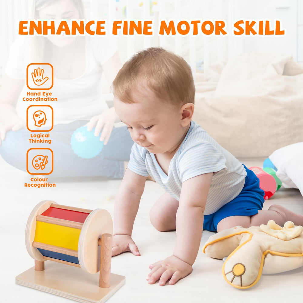 Adena Montessori Spinning Rainbow Drum invites tummy time and cause-and-effect discovery