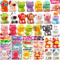 Adisher Valentines cards with animal squishy toys for classroom exchanges and celebrations.