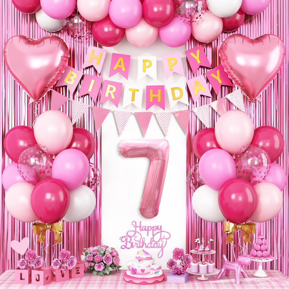 Adorely 7th birthday kit with hot pink balloons creates festive party ambiance and photo-worthy moments.