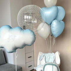 Adorely gender reveal and romantic events benefit from pastel blue heart balloons.