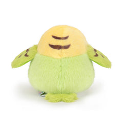 Adorlynetty parakeet plush used as a keychain or backpack pendant.