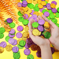 ADXCO Mardi Gras coins on table scene for vibrant party decoration.