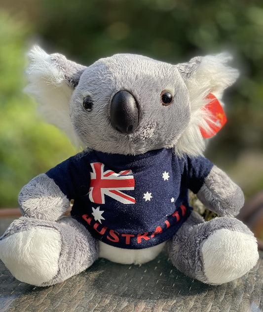 Aeisage Koala stuffed animal, 8-inch, blue T-shirt, soft nursery decor.