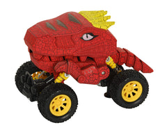 Aeromax Dino-Faur pull-back truck in red with yellow accents, ideal for indoor play.