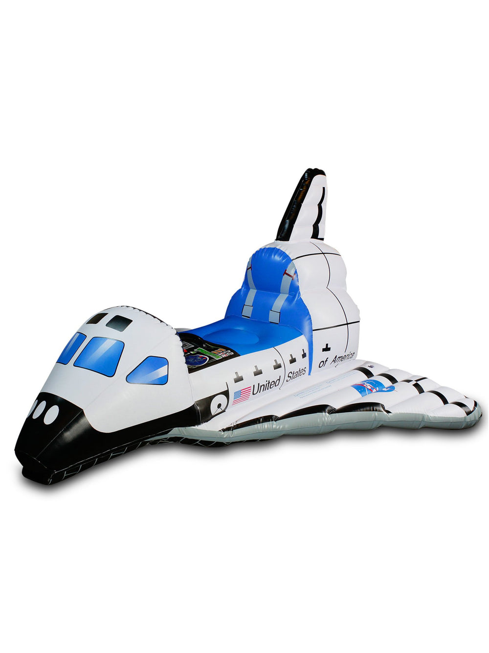 Aeromax Space Explorer inflatable space shuttle in white for indoor play or pool adventures.